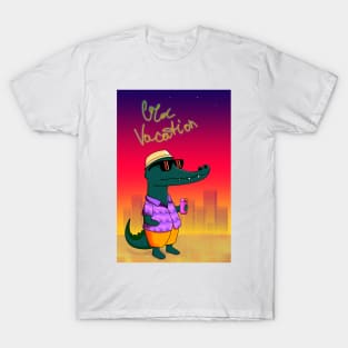 Cute crocodile in sunglasses drinking a cocktail on the beach T-Shirt